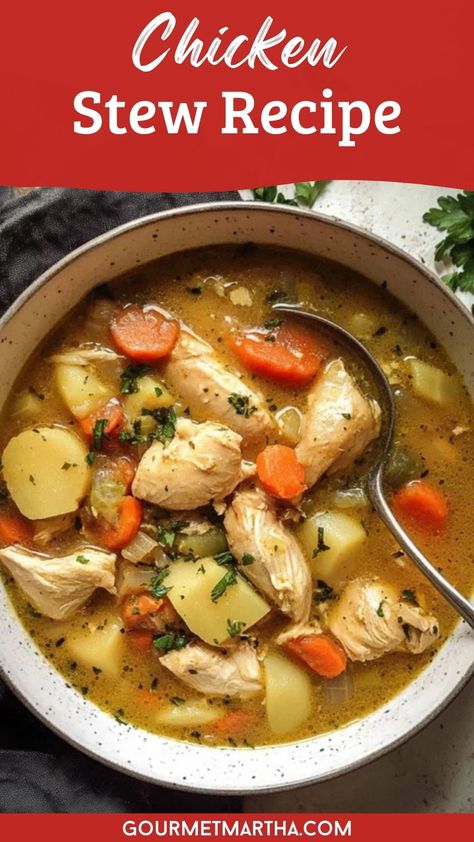 Warm up with this classic chicken stew recipe, loaded with tender chicken, fresh veggies, and rich flavors. It's the perfect comfort food for any season. Ready to cook? Click for the recipe #ChickenStew #ComfortFood #HeartyMeals #ChickenRecipes #HomemadeStew #EasyDinner #HealthyComfortFood Old Fashioned Chicken Stew, Chicken Stew In Dutch Oven, Slow Cooker Chicken Stew Recipes Healthy, Chicken Stew Dutch Oven, One Pot Chicken Stew, Healthy Chicken Stew Recipes, Hearty Chicken Stew, Chicken Stew Recipes For Dinner, Dutch Oven Chicken Stew