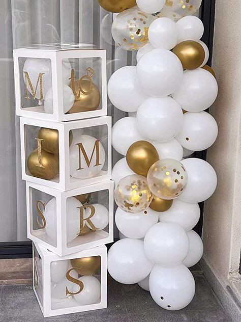 Elegant Engagement Party Ideas, Engagement Party Table, White Engagement Party, Balloon Boxes, Elegant Engagement Party, Bridal Shower Balloons, Transparent Balloons, Cake Smash Backdrop, Chic Bridal Showers