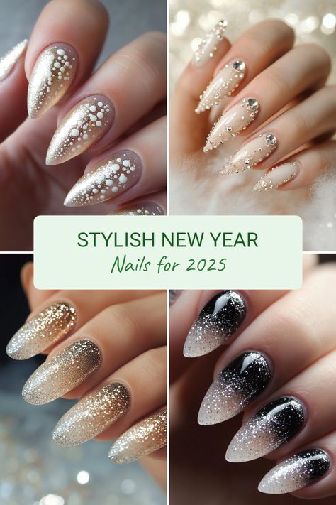 As we bid farewell to the past and welcome a brand new year, elevate your look with stunning New Year's nail design ideas that will surely impress. Discover trendy and creative manicure styles, from shimmering glitter tips to elegant nail art perfect for any celebration. Whether you prefer simple chic designs or intricate artwork, there's a variety of options to match your style for 2025. Get inspired by these unique looks to start the year off right with fabulous nails that steal the show on every party night! Formal Nail Art Designs, Party Glitter Nails, Holiday Nails Almond Shape Sparkle, Gold With Black Nails, Elegant Party Nails, Star Nails Chrome, New Years Almond Shaped Nails, Dip Nail Designs New Years, Black And Champagne Nails