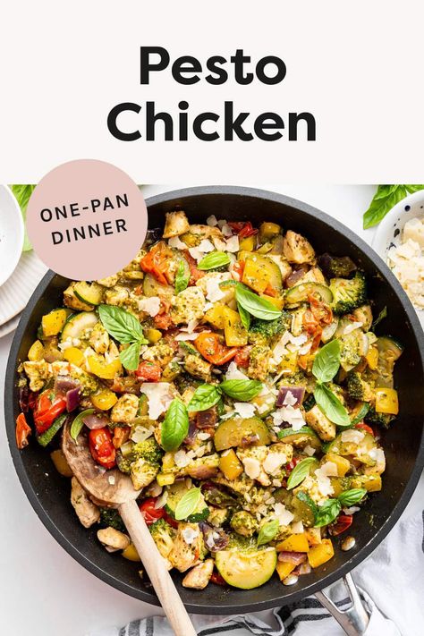 One Pan Pesto Chicken and Veggies Veggie Bowl Dinner Ideas, Pesto Chicken Recipes, One Pan Pesto Chicken, One Pan Pesto Chicken And Veggies, One Sheet Pesto Chicken, Basil Pesto Chicken And Veggies, Meal Prep Pesto Chicken And Veggies, Eating Bird Food, Pasta Primavera Recipe