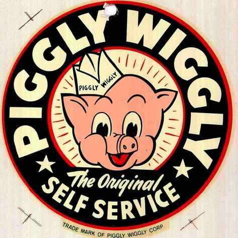 Piggly Wiggly logo registered as trademark on this day in 1972. First use in 1950.  #PigglyWiggly #marketing #branding #brand #logo #trademark #history Piggly Wiggly, Round Wood Sign, Retro Sign, Self Service, Advertising Signs, Vintage Metal Signs, Car Stickers, Vintage Signs, Decorative Signs