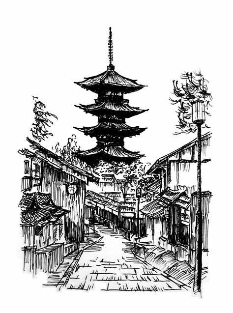 Kyoto Art, Temple Drawing, Artsy Illustration, Drawing Scenery, Illustration Courses, City Sketch, Japan Architecture, Japanese Drawings, Japanese Art Prints