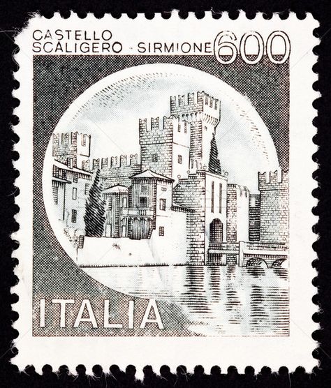 Italian Stamp Scaliger Castle, Castello Scaligero Sirmione Italy ... Italian Stamp, Small Messages, Sirmione Italy, Travel Themed Bedroom, Vintage Travel Themes, The Transfiguration, Italy Poster, Postal Vintage, Old Stamps