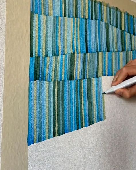 Randomized stripe mural | color, stripe | She uses a dice to pick which color goes next 👏 👏 | By UNILAD Stripe Mural, Stripe Art, Striped Art, Diy Artwork, Balcony Ideas Apartment, Fabric Wall Art, Color Techniques, Small Balcony Ideas, Balcony Ideas