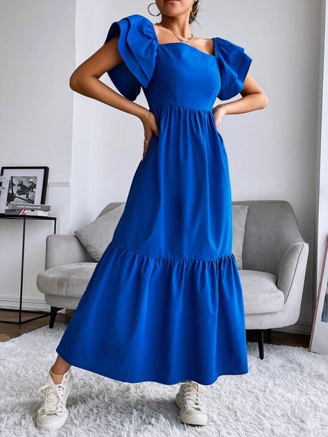 Layered Sleeve Ruffle Hem Dress | SHEIN USA Long Blue Dress Casual, Royal Blue Dress Outfit, Maxi Dress Casual Summer, Royal Blue Dress Summer, Vestidos Para Baby Shower, Blue Dress Outfits, Bright Blue Dresses, Shirred Waist Dress, Casual Frocks