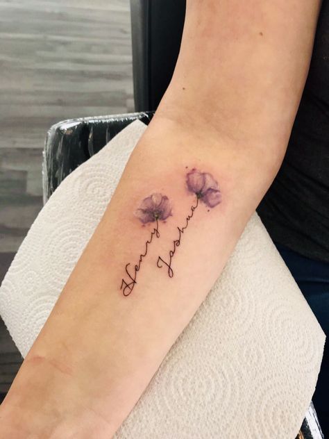 Purple poppies and name stems Violet Flower Name Tattoo, Poppy Tattoo With Name In Stem, Tattoo For Daughter Name, Name In Stem Of Flower Tattoo, Name Stem Flower Tattoo, Purple Poppy Tattoo, Flower Tattoos With Names Stems, Flower Stem Name Tattoo, Poppy Tattoo With Name