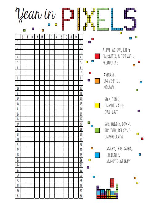 Year in Pixels Free Planner Printable  Other versions on piranhaprinzessin.com Year In Pixels Printable, Positive Colors, Craft Organization Diy, Year In Pixels, Blue Prints, Free Planner, Bullet Journal Inspo, Journal Doodles, Mood Tracker