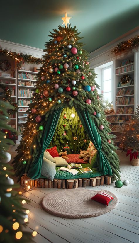 42 Enchanting Christmas Reading Nooks for Kids - In The Playroom Tree In Playroom, Christmas Tree In Playroom, Christmas Tree For Nursery, Tp Christmas Tree, Reading Christmas Tree, Christmas Teepee Tree, Sensory Christmas Tree, Child Friendly Christmas Tree, Diy Christmas Tree Fort