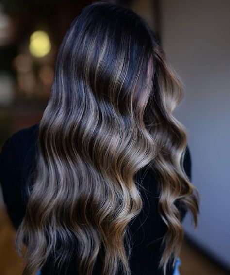 Cool-Tone Blonde Balayage on Black Hair Blonde Balayage On Black Hair, Sandy Blonde Balayage, Balayage On Black Hair, Mane Magic, Ash Balayage, Light Brown Balayage, Auburn Balayage, Two Tone Hair, Black Hair Balayage