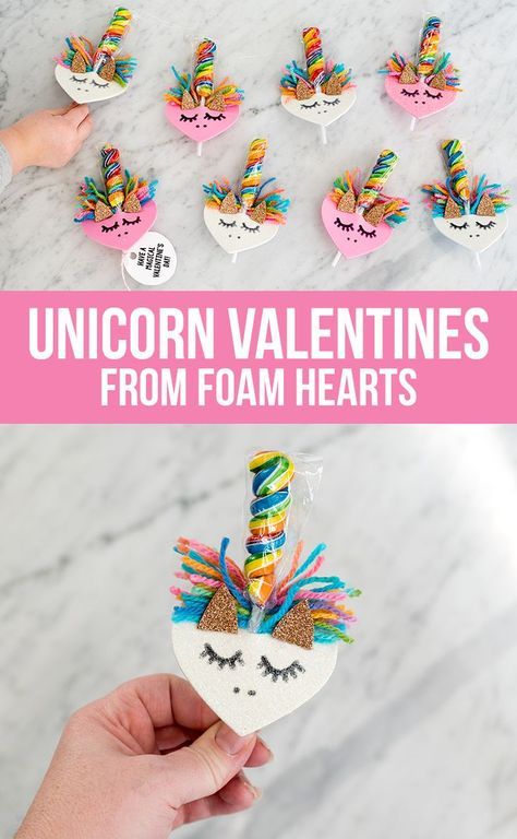 Make DIY Unicorn Valentines from Foam Hearts Saint Valentin Diy, Valentines Bricolage, Unicorn Craft, Valentinstag Party, Diy Unicorn, Class Valentines, Valentine Gifts For Kids, Unicorn Valentine, Valentine's Day Crafts For Kids