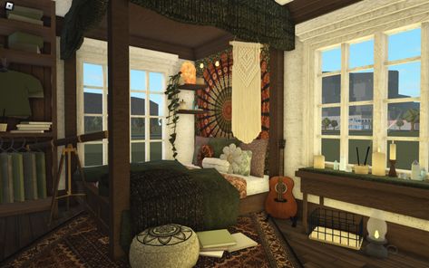 Fall Bloxburg Houses Realistic, Bloxburg Witch House Interior, Bloc Burg Room Ideas, Victorian Bedroom Bloxburg, Bloxburg Fall House Interior, Fall Bedroom Bloxburg, Bloxburg Fall Room Ideas, Bedroom Ideas Earthy, Fall Bloxburg Houses