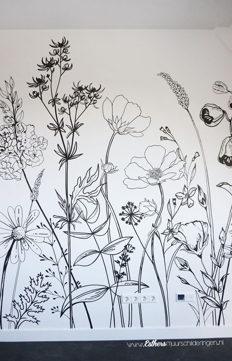 Wildflower Mural, Outdoor Mural, Wall Murals Diy, Garden Mural, Flower Mural, Wall Drawing, Flower Sketches, Floral Drawing, Mural Ideas