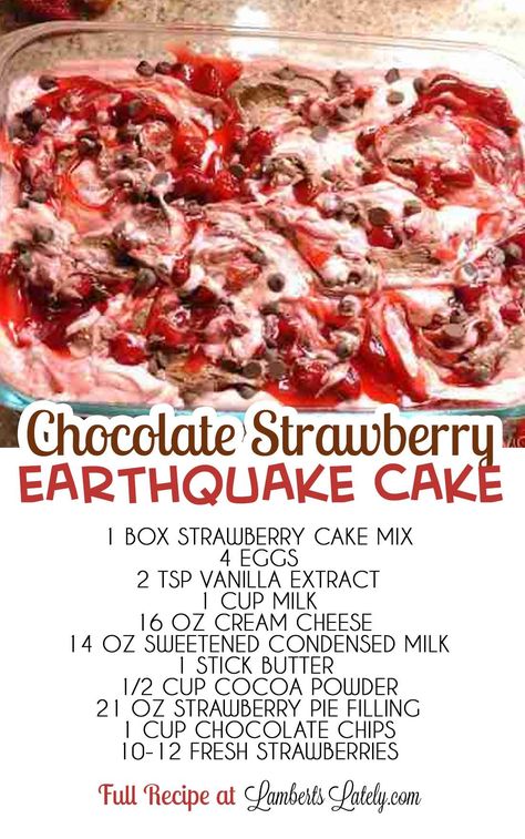 Earthquake Cake Recipe, Easy Delicious Dessert, Chocolate Strawberry Desserts, Earthquake Cake Recipes, Earthquake Cake, Cake Mix Desserts, Strawberry Pie Filling, Strawberry Cake Mix, Strawberry Dessert Recipes