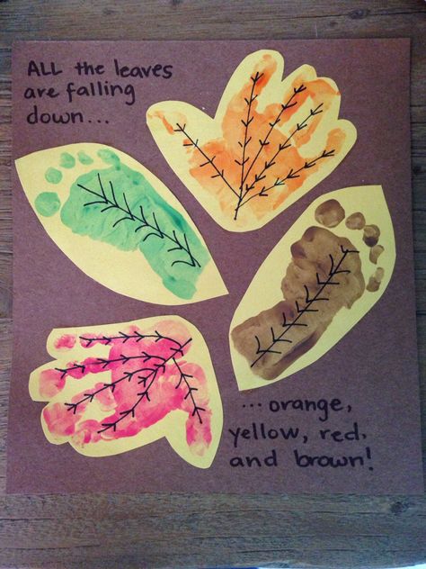 Fall leaves- baby handprints and footprints Fall Leaves Crafts For Infants, Fall Crafts For 11 Month Old, Fall Infant Sensory Activities, Leaves Activities For Infants, Footprint Leaves Craft, Fall Leaves Infant Art, Leaf Infant Art, September Arts And Crafts For Infants, October Footprint Crafts