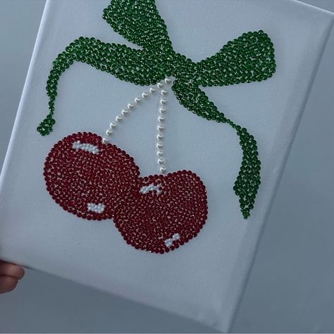 Handcrafted Bedazzled Cherry Canvas Art - Vibrant Red and Green Rhinestones Glitter Painting, Cherry Design, Rhinestone Projects, Heart Accessories, Rhinestone Art, Glitter Paint, Dried Floral, Gifts For Art Lovers, Fun Diy Crafts