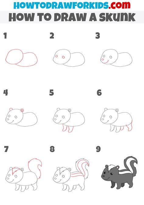 Cute Skunk Drawing Easy, How To Draw A Skunk, How To Draw Woodland Animals Step By Step, Skunk Drawing Simple, How To Draw Squirrels, Animal Doodles Step By Step, How To Draw Animals Step By Step, Skunk Craft, Easy Tiger Drawing