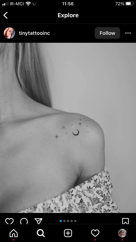 Stars On The Shoulder Tattoo, Collar Bone Tattoo Astrology, Crescent Moon Tattoos For Women, Star Tattoos Collar Bone, Dainty Collar Bone Tattoos For Women, Collarbone Star Tattoo, Cool Collar Bone Tattoos, Simple Galaxy Tattoo, Libra Star Constellation Tattoo