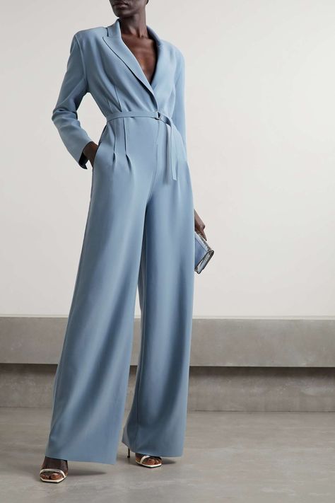 Outfit Grado, Blue Jumpsuits Outfit, Ready To Wear Styles, Designer Overalls, Light Blue Jumpsuit, Silk Pant Suit, Light Blue Romper, Blue Playsuit, Jumpsuit Winter