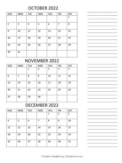 October to December 2022 Calendar (Q4) - 3 Month Calendar, Quarterly Calendar, December Projects, October November December, November Calendar, October Calendar, Planner 2022, Slay Queen, December Calendar