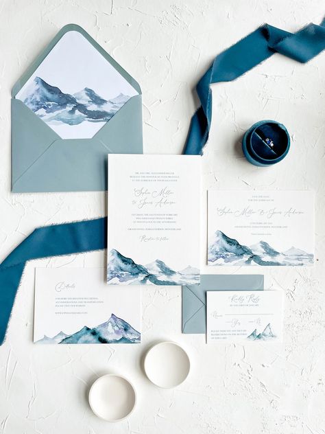 Watercolour Mountains Wedding Invitations | Ink & Oak Mountain Invitation, Mountain Wedding Invitation, Invitation Details Card, Winter Mountain Wedding, Ski Wedding, Watercolour Wedding, Mountain Wedding Invitations, Themed Wedding Invitations, Winter Wedding Invitations