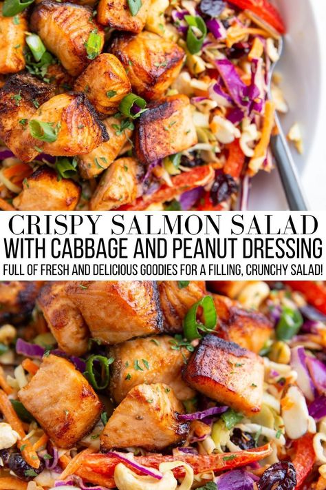 Asian Salmon Salad, Salmon Healthy Dinner, Salad With Cabbage, Salad Station, Salmon Healthy, Salad Salmon, Dinner Salmon, Crispy Salmon, Sea Food Salad Recipes