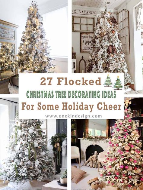 27 Flocked Christmas Tree Decorating Ideas For Some Holiday Cheer Flocked Trees Ideas, Flocked Trees Decorated, Decorated Trees, Christmas Tree Inspo, Flocked Tree, Christmas Tree Decorating Ideas, Tree Decorating Ideas, Flocked Christmas Tree, Christmas Tree Decorating