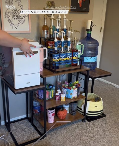 Redbull Station At Home, Classroom Drink Station, Drink Syrup Organization, Hydration Station Ideas For Work, Flavored Water Station, Water Station Ideas Home, Flavored Water Bar Drink Stations, Office Drink Station, Home Drink Station