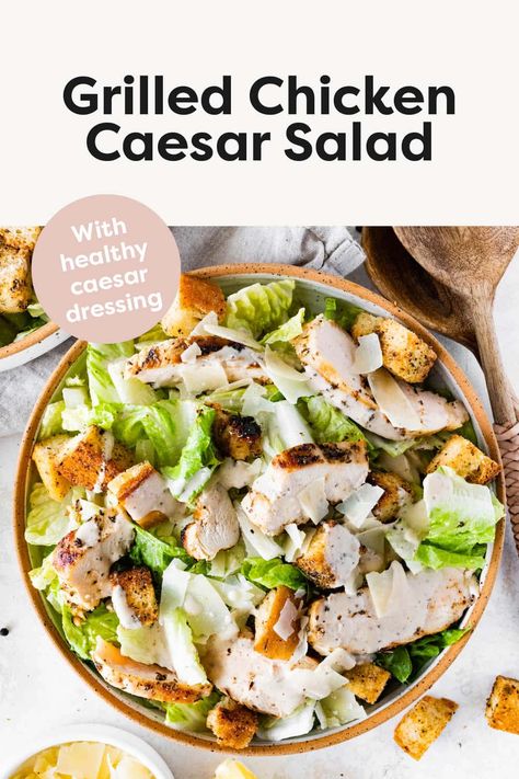 This grilled chicken caesar salad combines crisp romaine, marinated grilled chicken and homemade sourdough croutons all tossed in a creamy, healthy caesar dressing. Healthy Chicken Ceaser Salads, Healthy Caesar Dressing, Sourdough Croutons, Grilled Chicken Caesar, Chicken Caesar Salad Recipe, Salads For Kids, Grilled Chicken Caesar Salad, Salad Inspiration, Dinner Rotation