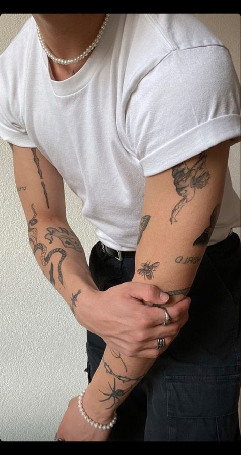 Cool Minimalist Tattoos For Guys, Men Aesthetic Tattoo Ideas, Mens Thigh Sleeve Tattoo, Patchwork Style Tattoo, Patchwork Forearm Tattoo, Boy Arm Tattoos, Guy Tattoos Aesthetic, Patchwork Sleeve Tattoo Men, Patchwork Tattoos Men