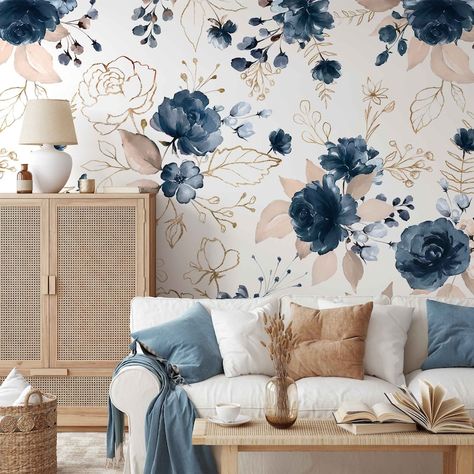 Watercolor Blue Flowers on the White Background Wallpaper, Peel and Stick Wall Mural, Watercolor Garden Flowers, Roses, Wildflowers, Leaves - Etsy Canada Watercolor Floral Wallpaper, Blue Floral Wallpaper, White Background Wallpaper, Bathroom Decor Themes, Stick Wall Art, Peel And Stick Wall Mural, Accent Wall Bedroom, Wallpaper Accent Wall, Watercolor Blue