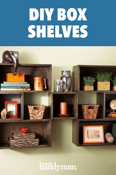 DIY Box Shelves Box Shelving Ideas, Diy Box Shelves, Wood Box Shelves, Wooden Box Shelves, Shadow Box Shelves, Wall Cubes, Diy Shelf, Wooden Shadow Box, Wooden Home Decor