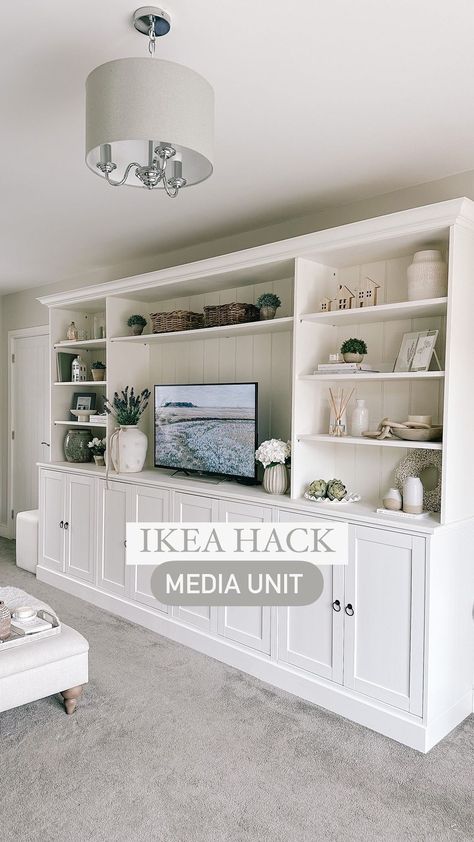 Kayla Reynolds | I’ve had so many questions about how we created our built in wardrobes using Ikea Pax so here’s a breakdown! We were quoted silly money… | Instagram Ikea Tv Wall Unit, Built In Tv Cabinet, Built In Tv Wall Unit, Built In Wall Units, House Purchase, Billy Ikea, Ikea Built In, Tv Built In, Built In Entertainment Center