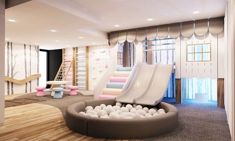 Playhouse with double slide, ball pool and climbing gym: modern Nursery/kid’s room by Tigerplay at Home Gender Neutral Playroom, Neutral Playroom, Indoor Playroom, Ball Pits, Cool Kids Rooms, Ball Pool, Childrens Playroom, Climbing Gym, Playroom Design