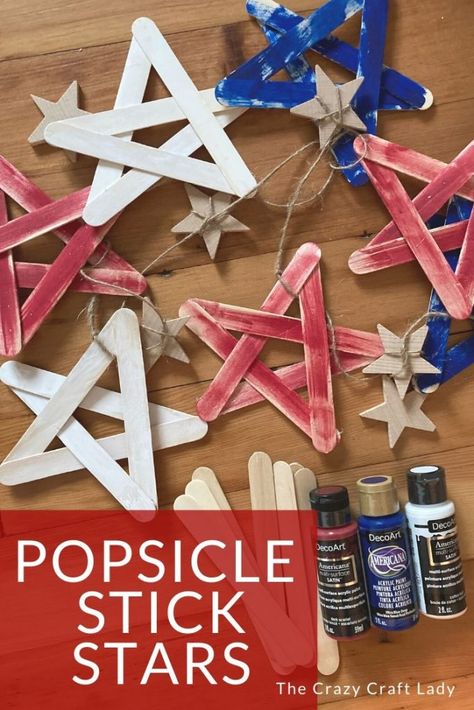 Popsicle Stick Stars, Stick Stars, Red White Blue Popsicle, Popsicle Stick Crafts For Adults, Blue Popsicle, Popsicle Stick Crafts For Kids, Fourth Of July Crafts For Kids, Diy Popsicle Stick Crafts, How To Make Red