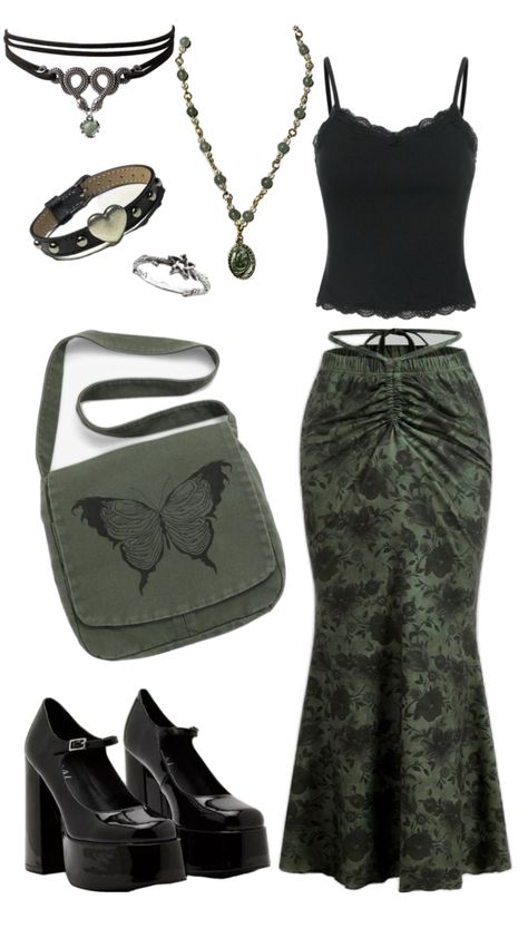 Green Whimsigoth Outfit Witchcore Aesthetic Outfits, Green Grunge Outfit, Green Whimsigoth, Goth Fashion Men, Green Goth, Goth Outfit Inspo, Goth Fashion, Retro Outfits, Grunge Fashion