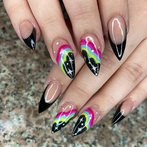 Black Trippy Nails, Alt Spring Nails, Goth Vacation Nails, Fun Black Nail Designs, Goth Almond Nails Designs, Alt Nail Inspo Almond, Neon Goth Nails, Goth Easter Nails, Rainbow And Black Nails