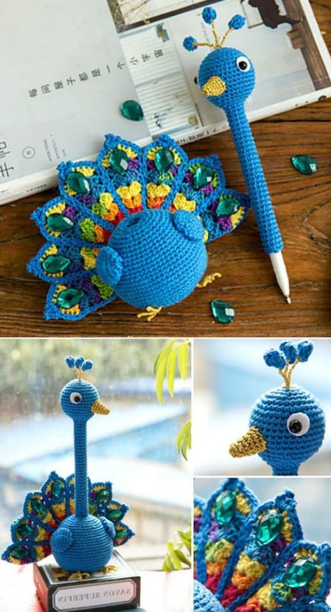 Amigurumi Peacock Pen Holder - Free Pattern Peacock Pen, Crochet Peacock, Peacock Crochet, Crochet Birds, Peacock Pattern, Amigurumi Tutorial, Diy Magazine, Haken Baby, Animal Patterns