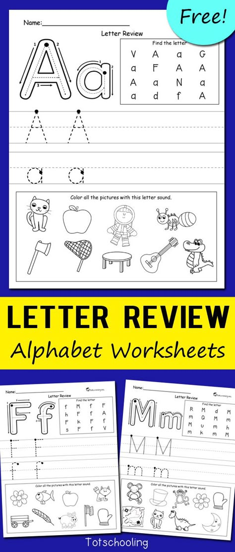 FREE alphabet worksheets for kindergarten kids to review letters and letter sounds, and practice proper letter formation. Letter Sound Worksheets Free, Letter Of The Day Kindergarten, Letters Practice Kindergarten, Free Letter Of The Week Printables, Letter S Practice Worksheet, Letter Sound Recognition Worksheets, Letter Review Kindergarten, Alphabet Practice Worksheets Free, Free Letter A Worksheets