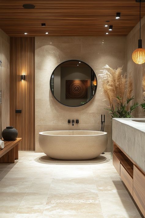 Slatted Ceiling Bathroom, Modern Wood Bathroom Design, Modern Zen Bathroom Design, Bathroom Ideas Wood Panelling, Large Round Mirror Bathroom, Wood And Beige Bathroom, Panelling Bathroom Ideas, Beige Wood Bathroom, Wood Panelling Bathroom