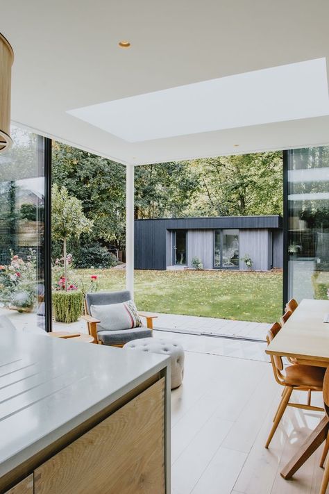 open corner sliding doors to kitchen extension in nottingham Corner Opening Sliding Doors, Extension With Sliding Doors, Rear Extension Sliding Doors, External Sliding Pocket Doors, Corner Sliding Doors, Stone House Glass Extension, Glass Apex Extension, Minimal Windows, Corner Door