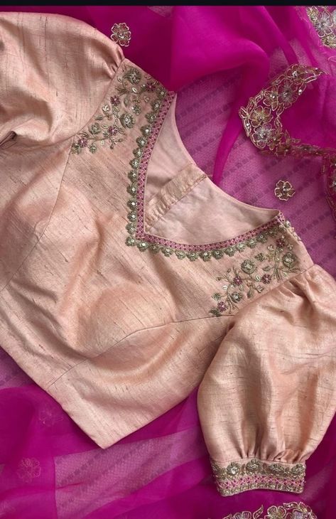 Peach Blouse Work Designs, Peach Color Blouse Designs, Pink Tissue Silk Blouse Piece With Intricate Embroidery, Peach Color Blouse Maggam Work, Pink Blouse With Golden Embroidery, Exclusive Saree Blouse Designs, Dress Designs For Stitching, Blouse Designs High Neck, Cotton Blouse Design