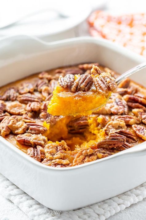 Butternut squash casserole - the essential holiday side dish terrific served with roasted meats and poultry. A trusted family recipe for generations. #butternut #butternutsquash #butternutsquashcasserole #sweetpotatocasserole #thanksgiving #thanksgivingsidedish #easysidedish #christmasdinner #holidaysidedish #squashcasserole Can Sweet Potato Casserole, Easy Sweet Potato Casserole, Butternut Squash Casserole, Best Sweet Potato Casserole, Sweet Potato Casserole Easy, Easy Sweet Potato, Canning Sweet Potatoes, Sweet Potato Recipes Casserole, Holiday Side