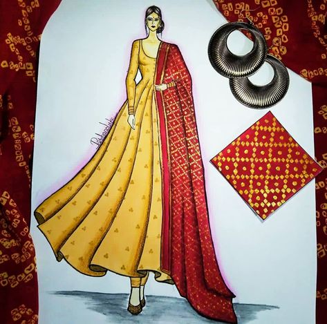 One piece attire Fashion Illustration Traditional Wear, One Piece Dress Drawing, Traditional Wear Illustration Sketch, Anarkali Illustration Sketch, Traditional Dresses Sketch, Traditional Dresses Illustration, Traditional Wear Illustration, Kurti Illustration, Traditional Dress Illustration