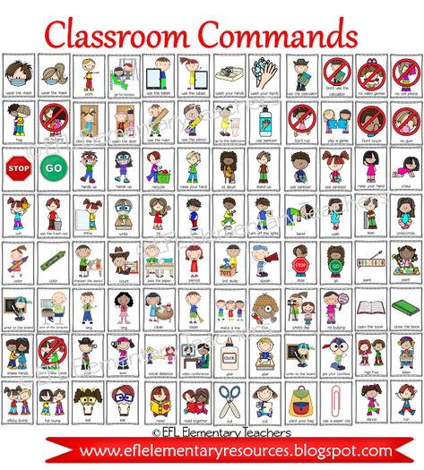 Classroom Commands flashcards for ESL Signs For Classroom, Esl Kindergarten, Classroom Commands, Esl Preschool, English Language Learners Activities, Elementary Special Education Activities, Efl Teaching, Preschool Teachers, English Time