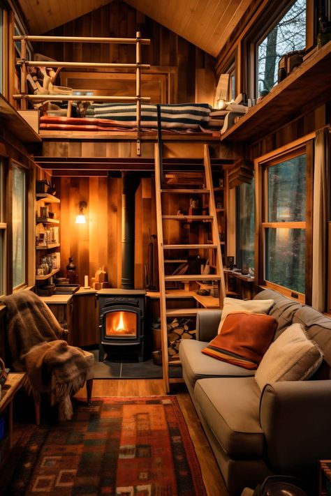 Cozy Tiny Home Interior, Tiny House Cottage Interior, Small Loft Cabin, Tiny Rustic Cabin Interior, Tiny Cabins Interiors Loft, Cozy Tiny Cabin, Small Log Cabin Interior Rustic Tiny Homes, Sims Tiny Living, Tiny Rustic House