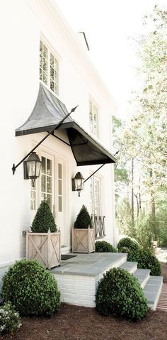 Inspired and romantic living, entertaining, traveling and decorating in a French Country Cottage in the California countryside. Front Door Planters, Door Overhang, Door Planter, Beautiful Front Doors, Building A Porch, Casa Country, Porch Steps, Front Steps, Casa Exterior