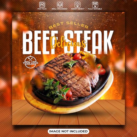 Premium PSD | Beef steak food social media poster template Ads Typography, Beef Poster, Food Social Media, Media Poster, Smoked Beef, Social Media Poster, Food Ads, Grilled Steak, Beef Steak