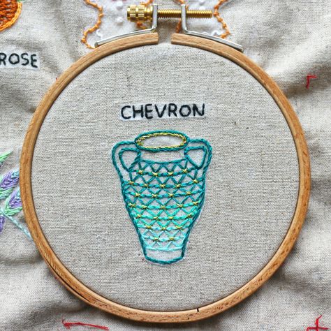 Chevron stitch _ porcelain vase hand embroidery Chevron Embroidery Design Patterns, Chevron Stitch Embroidery Designs Motif, Chevron Stitch Embroidery Designs, Chevron Embroidery Design, Alpaca Embroidery, Painted Clothes Pins, Basic Hand Embroidery Stitches, Aari Designs, Embroidery Leaf