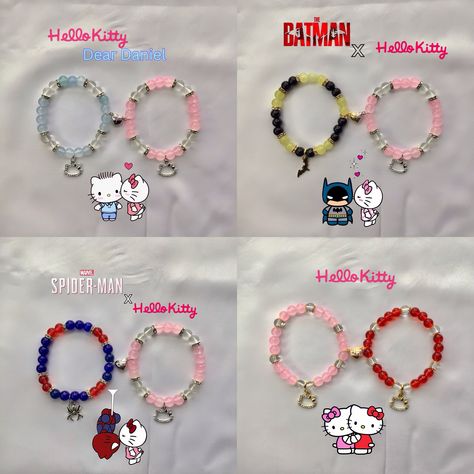 Hello Kitty Bracelet Ideas, Hello Kitty And Spiderman Bracelet, Hello Kitty Bracelet, Hello Kit, Couple Bracelets, Diy Bracelet Designs, Matching Rings, Matching Bracelets, Clay Beads