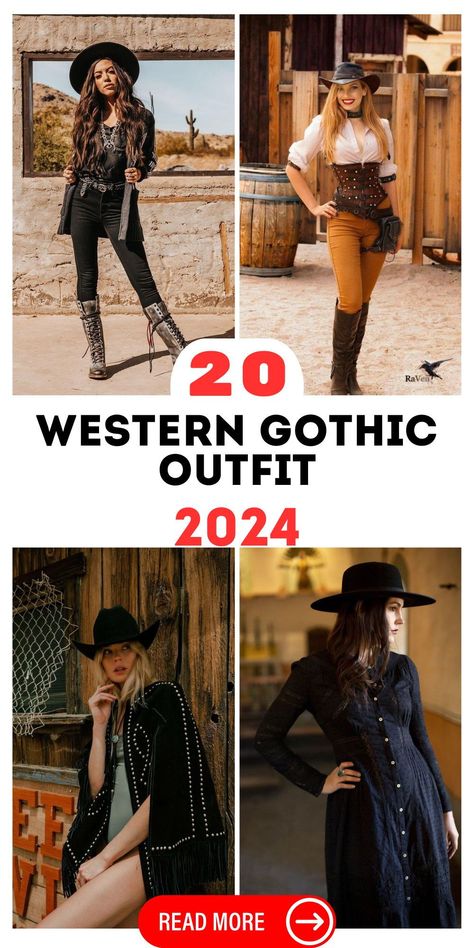 Western Gothic Outfits offer a unique take on traditional gothic fashion, infusing it with the spirit of the wild west. These outfits are perfect for those who walk the line between darkness and light, featuring elements like skull motifs, crossbones, and dark florals paired with cowboy boots and hats. Wild West Women Outfit, Western Traditional Outfit, Outfit With Cowboy Boots For Women, Mid Western Gothic, Gothic Western Fashion, Alt Western Fashion, Western Gothic Aesthetic Fashion, Gothic Cowgirl, Western Gothic Fashion